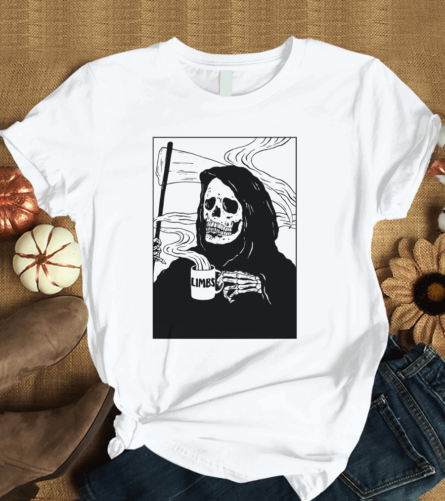 Chelsea Grin Down Right Merch Limbs Coffee Reaper Skeleton Holding Scythe and Mug T-Shirt