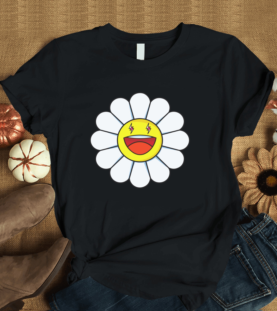 J Balvin Merch Blanco Large Flower Smiley Face with Lightning Eyes T-Shirt
