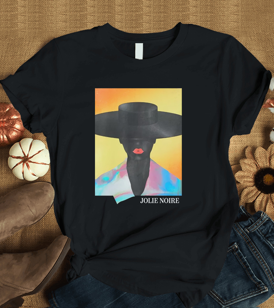 Jolie Noire Vibrant Abstract Fashion Portrait with Black Hat T-Shirt