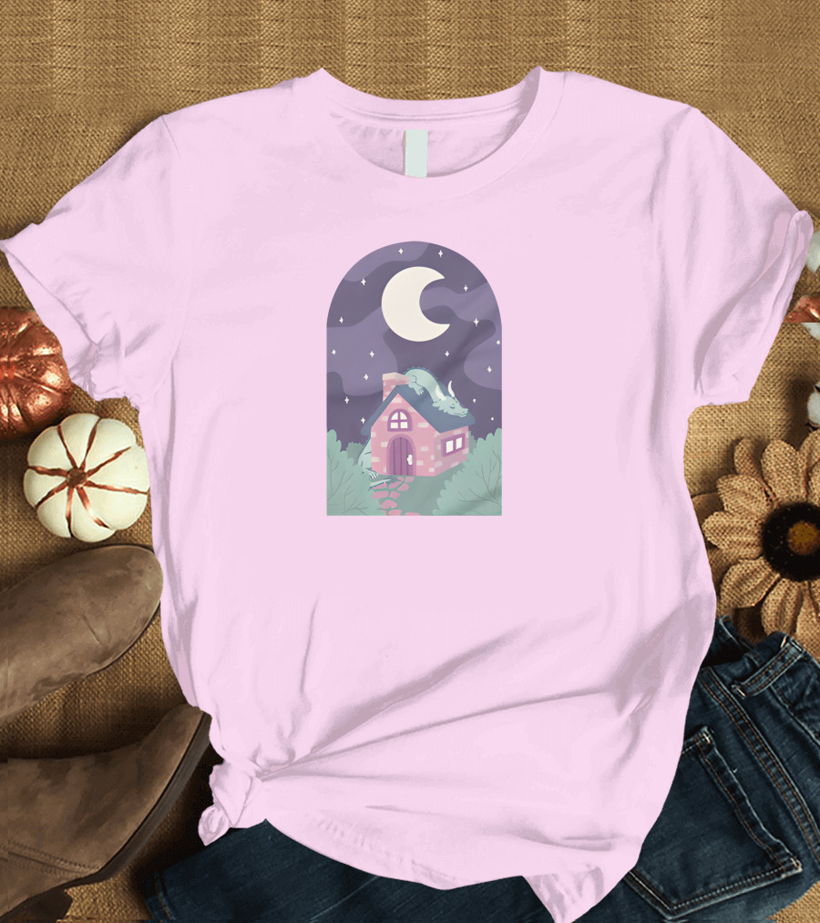 Sleepy Draginn Under Night Sky Crescent Moon Pastel Cottage T-Shirt