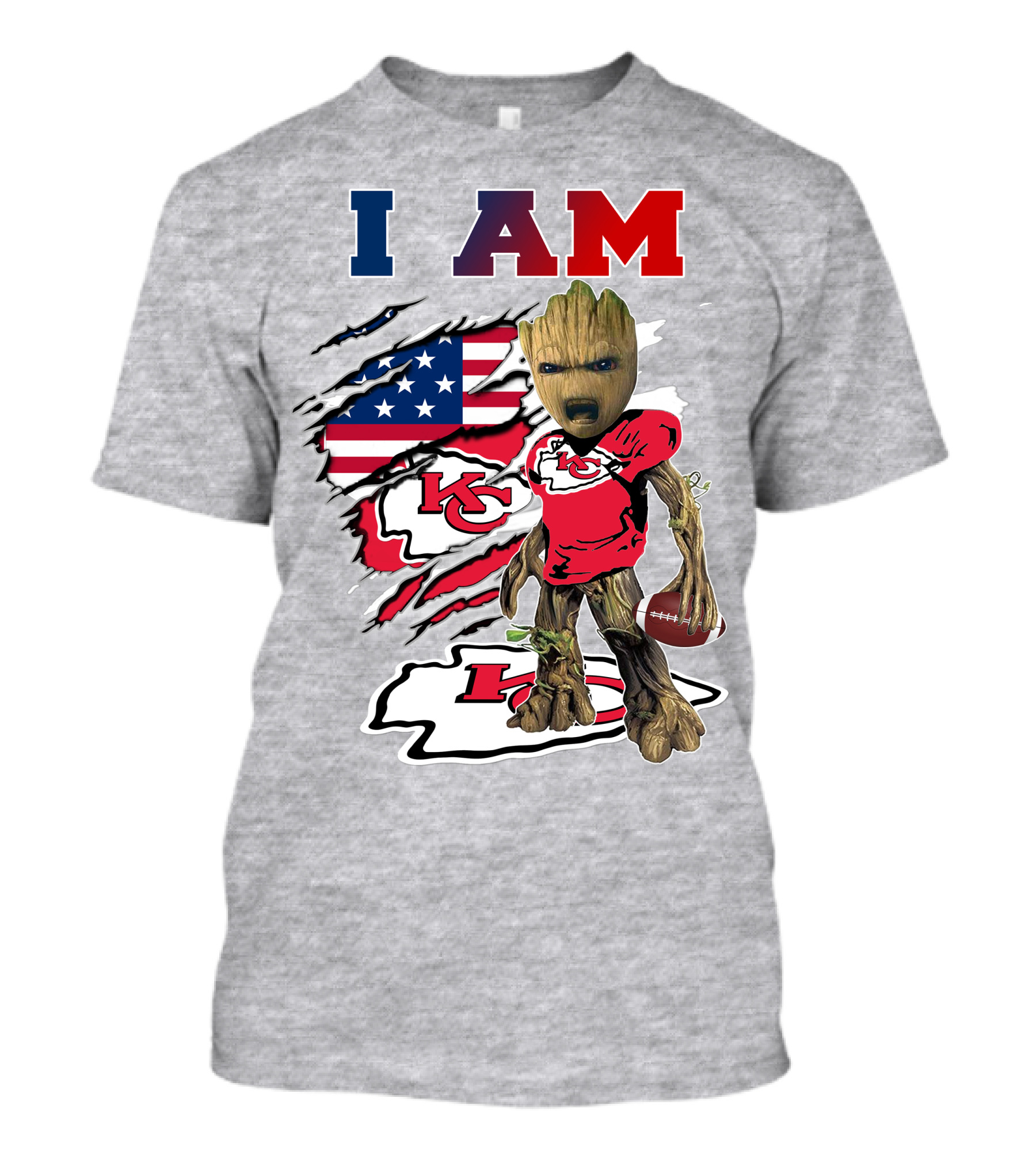 I Am Kc Chiefs Baby Groot Football Usa Flag T-Shirt
