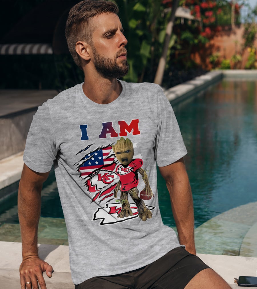 I Am Kc Chiefs Baby Groot Football Usa Flag T-Shirt