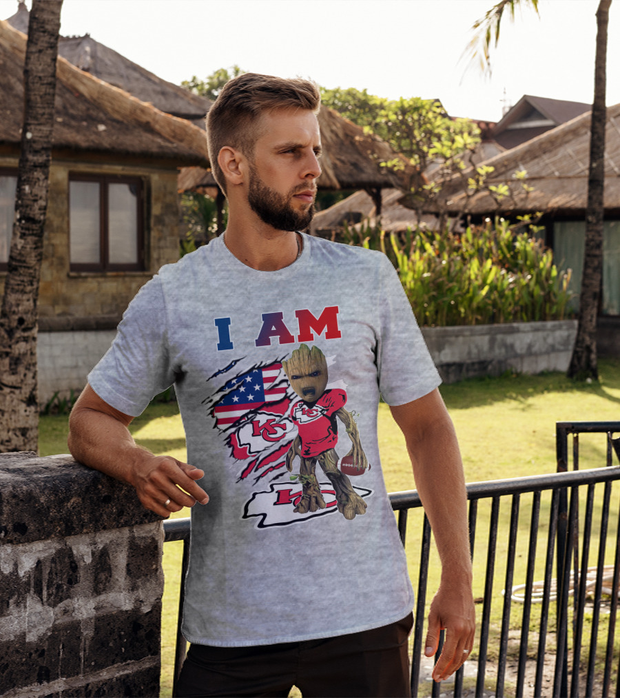 I Am Kc Chiefs Baby Groot Football Usa Flag T-Shirt