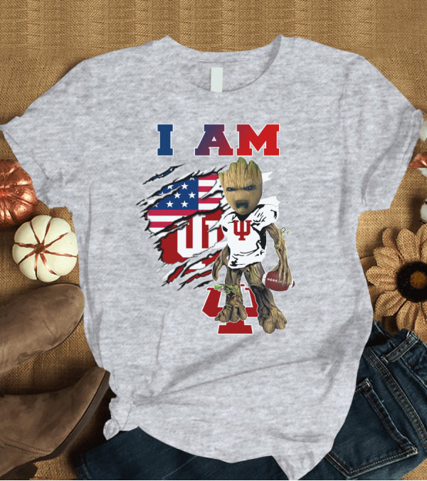 T-Shirt: I AM Indiana University Hosiers Baby Groot Football USA Flag T-Shirt I AM Indiana University Hosiers Baby Groot Football USA Flag T-Shirt