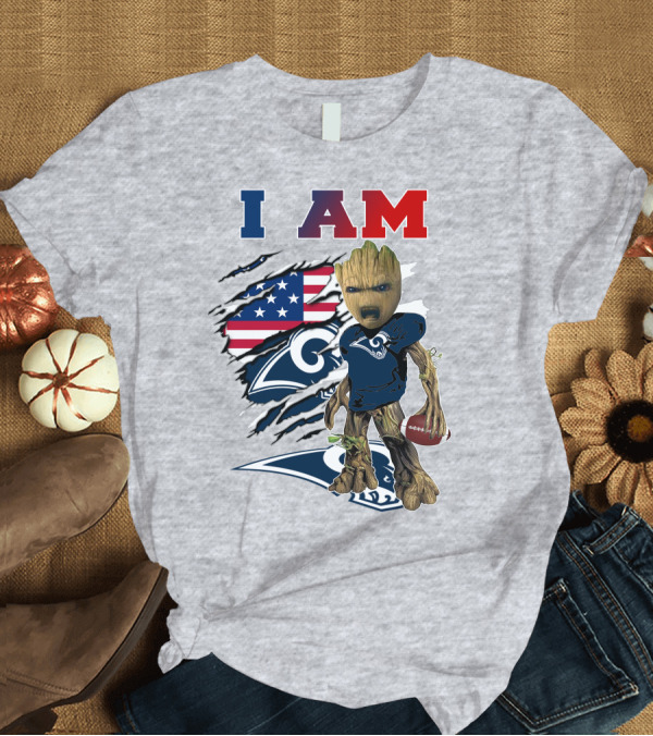 T-Shirt: I AM Rams Baby Groot Football American Flag T-Shirt I AM Rams Baby Groot Football American Flag T-Shirt