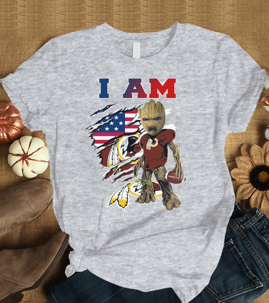 I AM Redskin Baby Groot Football USA Flag T-Shirt