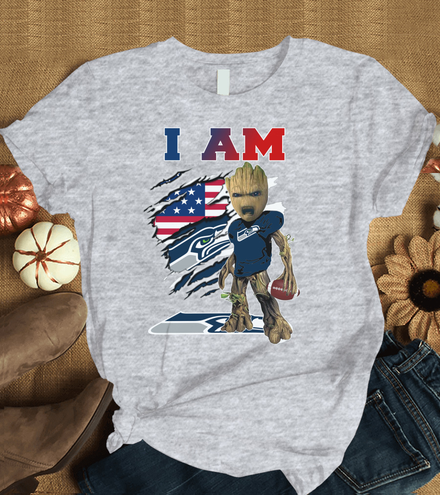 I AM Seahawks Baby Groot Football American Flag T-Shirt
