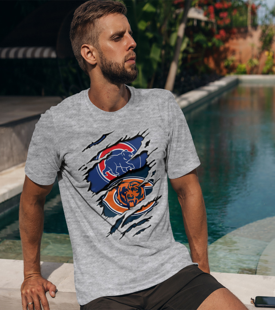 Cubs Bears Dual Logo Design Ripped Tear Combination T-Shirt