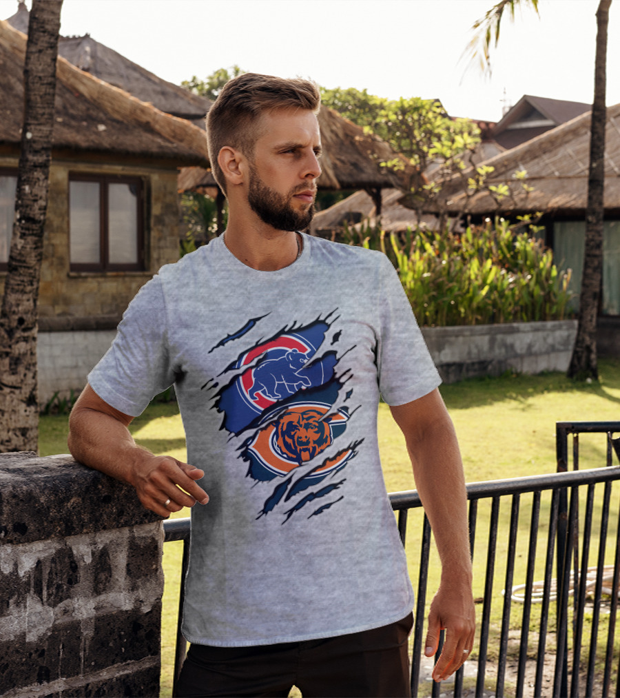 Cubs Bears Dual Logo Design Ripped Tear Combination T-Shirt
