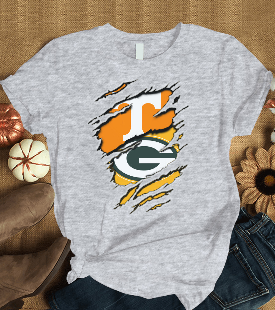 Tennessee Vols and Green Bay Packers Torn Logo Fusion T-Shirt