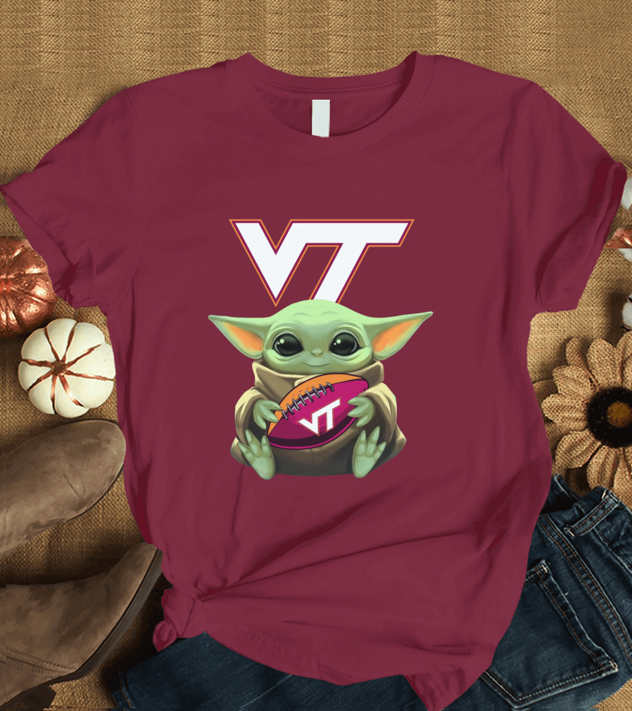 VT Baby Yoda Holding Football Hokies T-Shirt