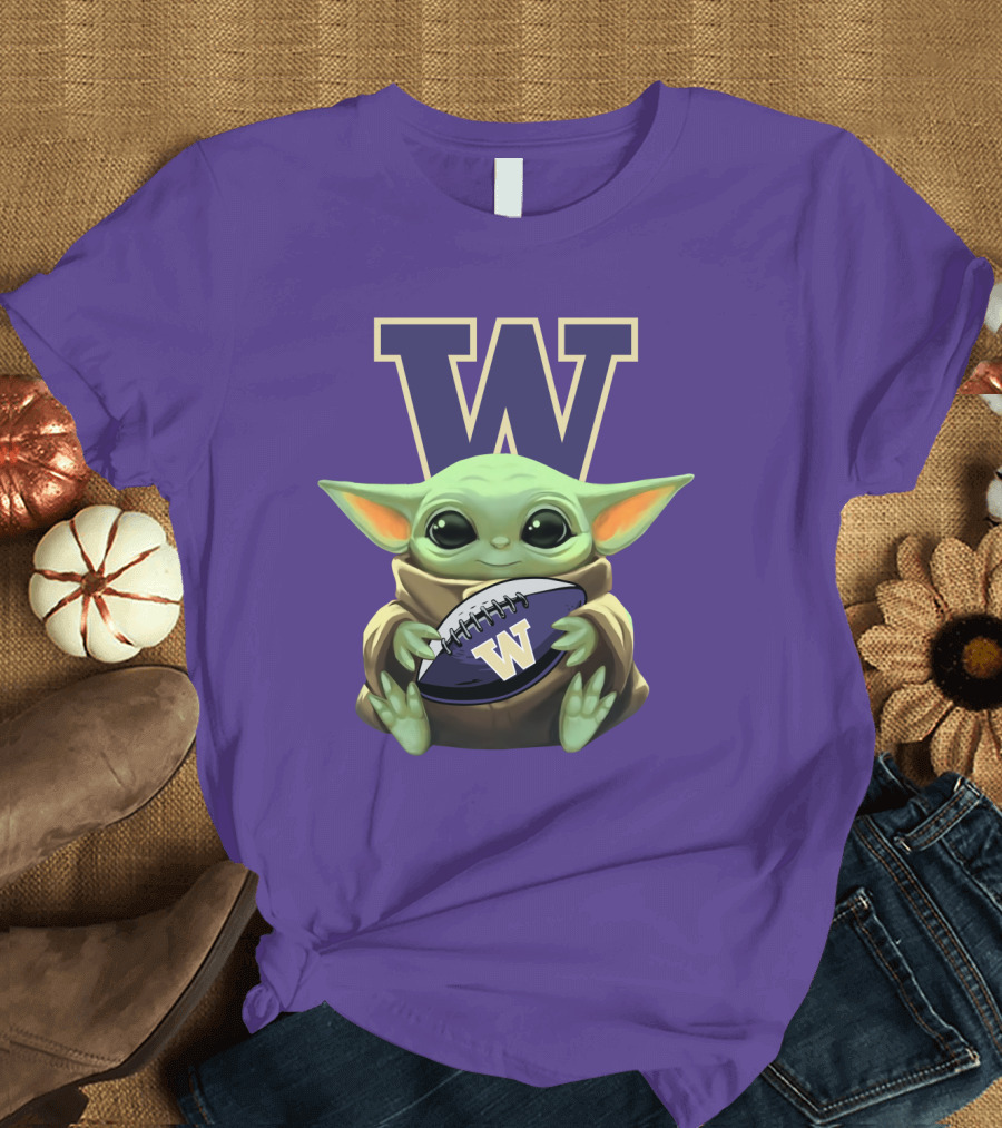 Baby Yoda Holding Washington Huskies Football W T-Shirt
