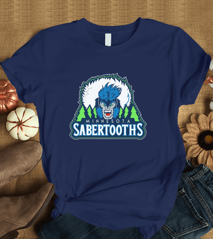 Minnesota Sabertooths NBA Logo with Blue Sabertooth and Green Pine Trees T-Shirt