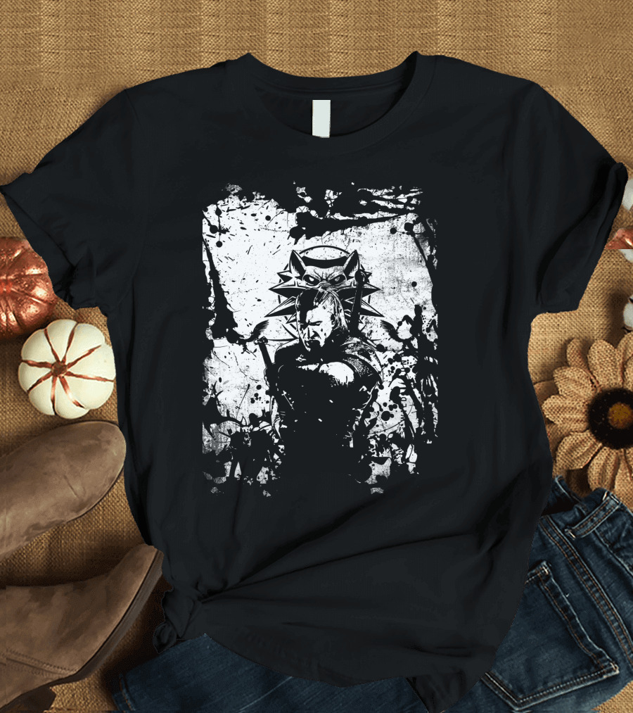The Witcher 3 Wild Hunt Geralt Wolf School Emblem Splatter T-Shirt