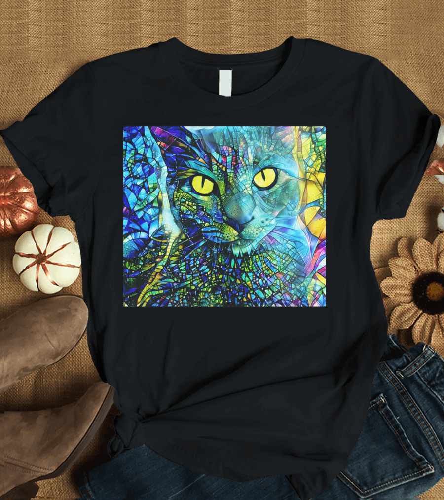 Cochfdhfdhfdh Stained Glass Mosaic Cat with Vibrant Yellow Eyes T-Shirt