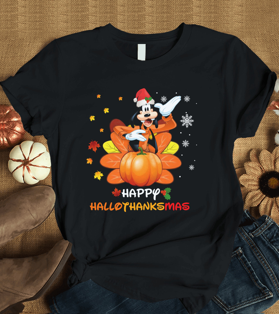 Happy Goofy HalloThanksMas Snowflakes Pumpkin Leaves Santa Hat T-Shirt