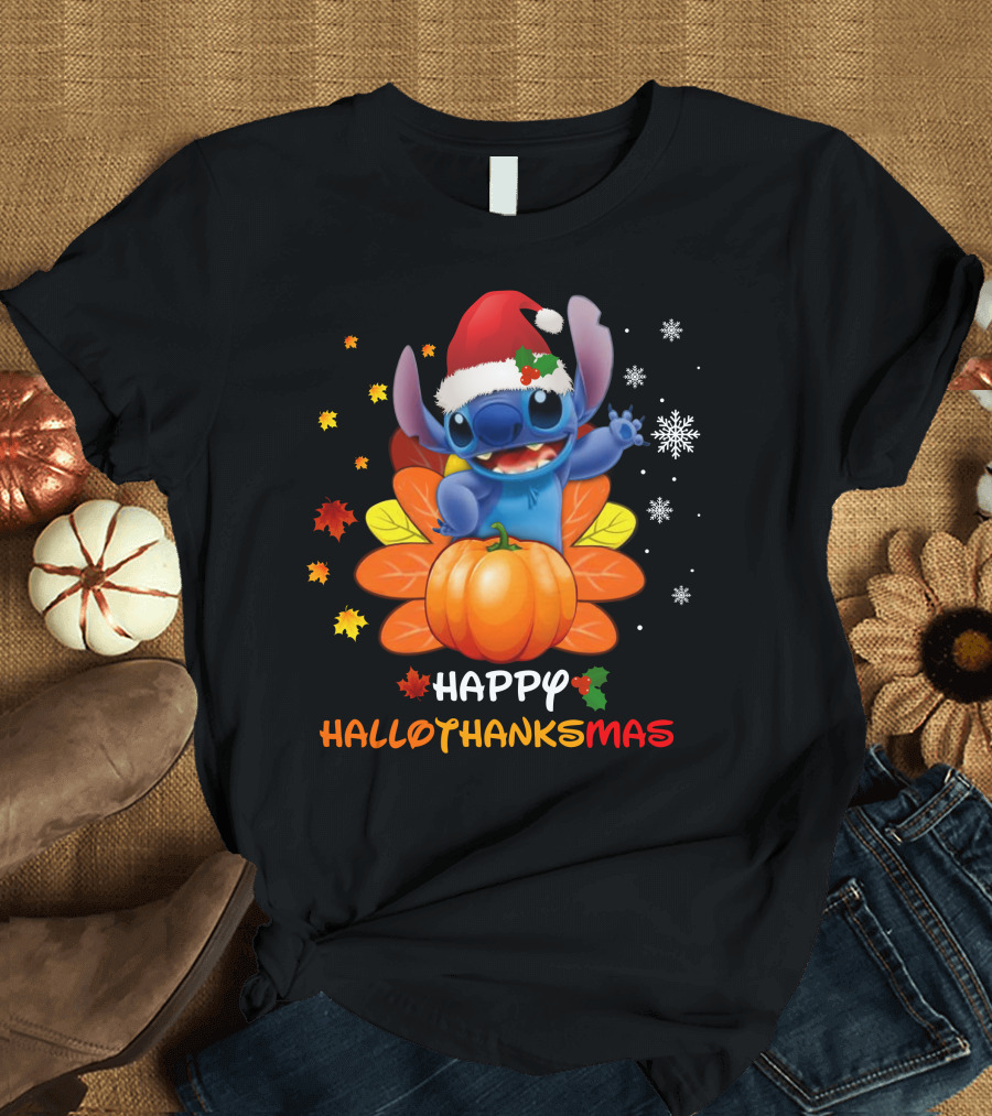 Happy HalloThanksMas Stitch Pumpkin Santa Hat Snowflakes Leaves T-Shirt