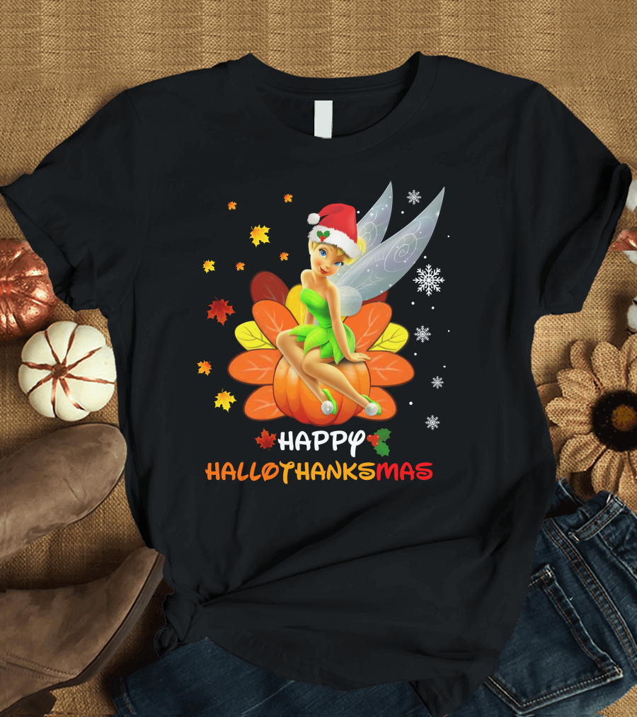 Tinkerbell Happy HalloThanksMas Pumpkin Santa Hat Snowflakes T-Shirt