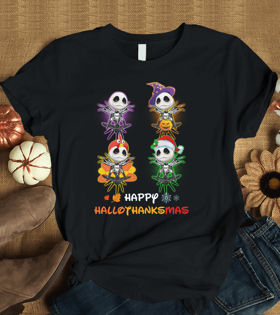 Happy HalloThanksMas Jack Skellington with Pumpkin Turkey Santa Hat T-Shirt
