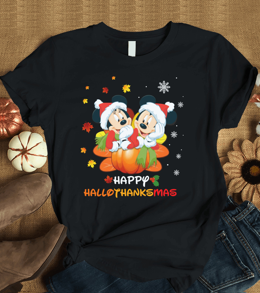 Mickey Happy HalloThanksMas Pumpkin Leaves Snowflakes T-Shirt