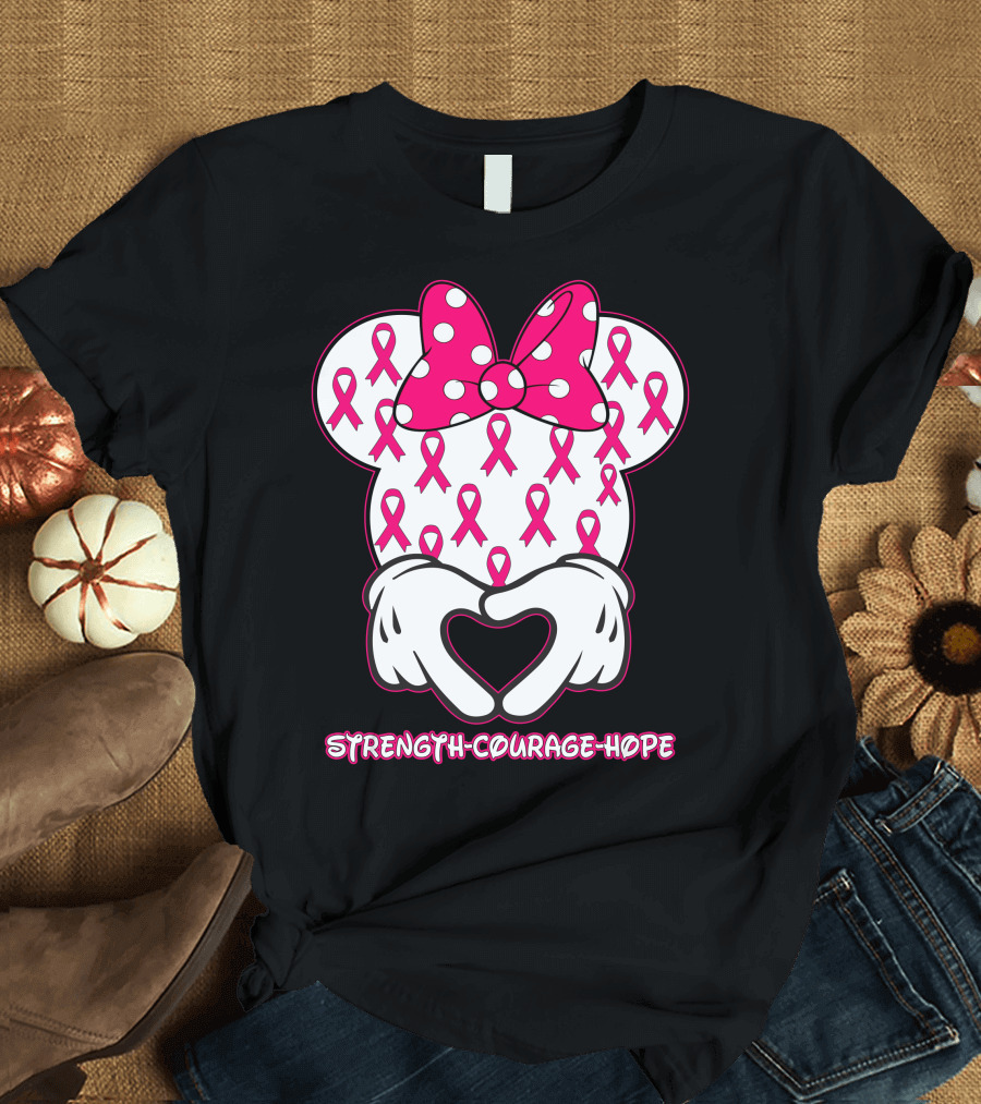 Strength Courage Hope Pink Ribbon Minnie Ears Hands Heart T-Shirt
