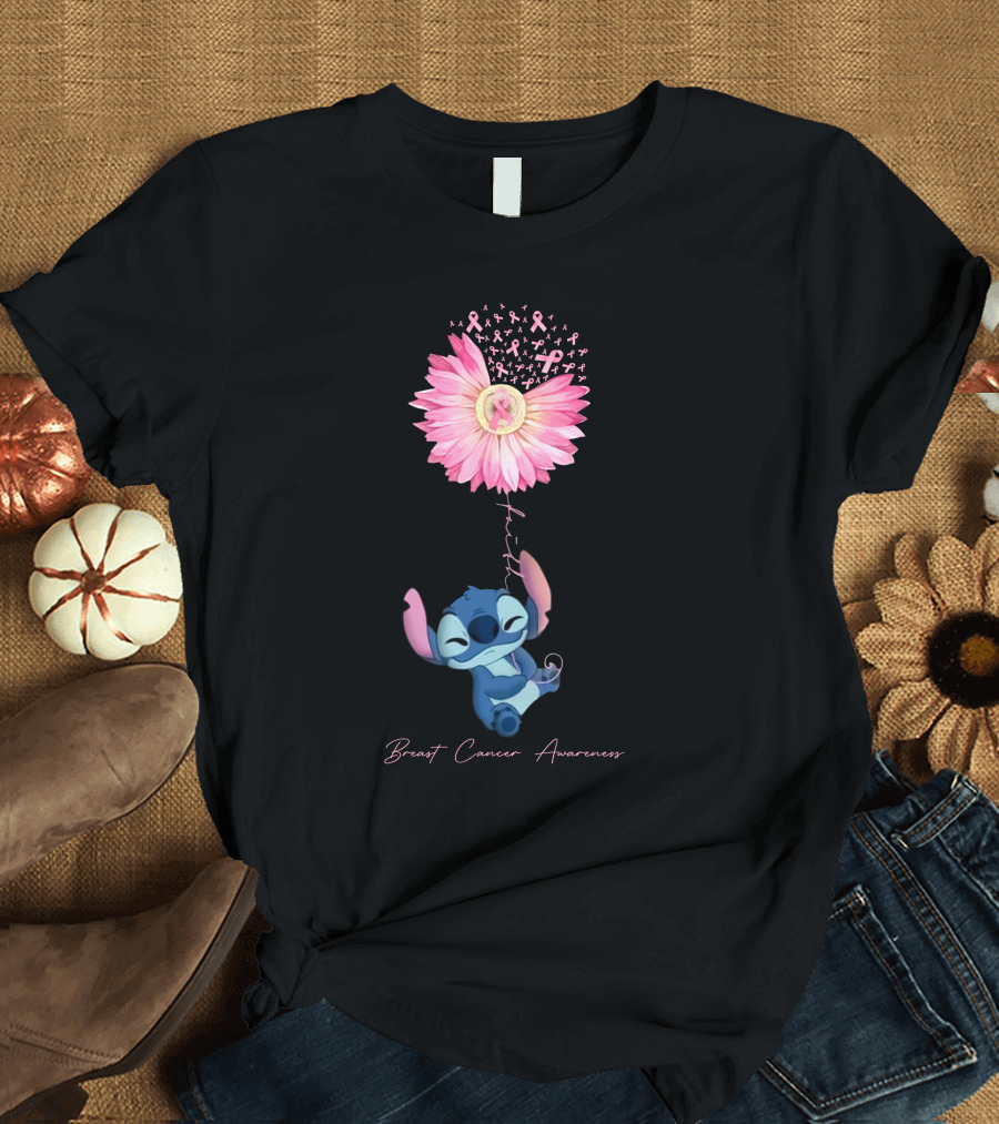 Breast Cancer Awareness Stitch Pink Ribbon Flower T-Shirt