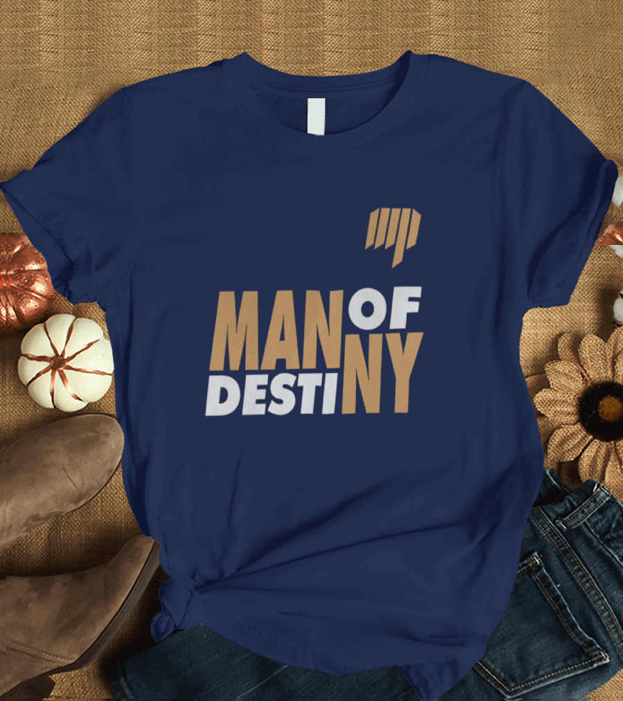 Man of Destiny Blue and Gold Text with Vertical Stripe T-Shirt