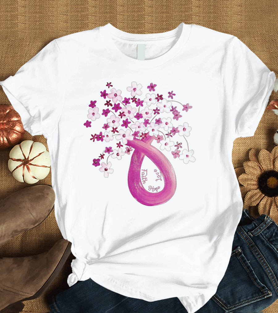 Faith Hope Love Pink Ribbon Flower Bouquet T-Shirt