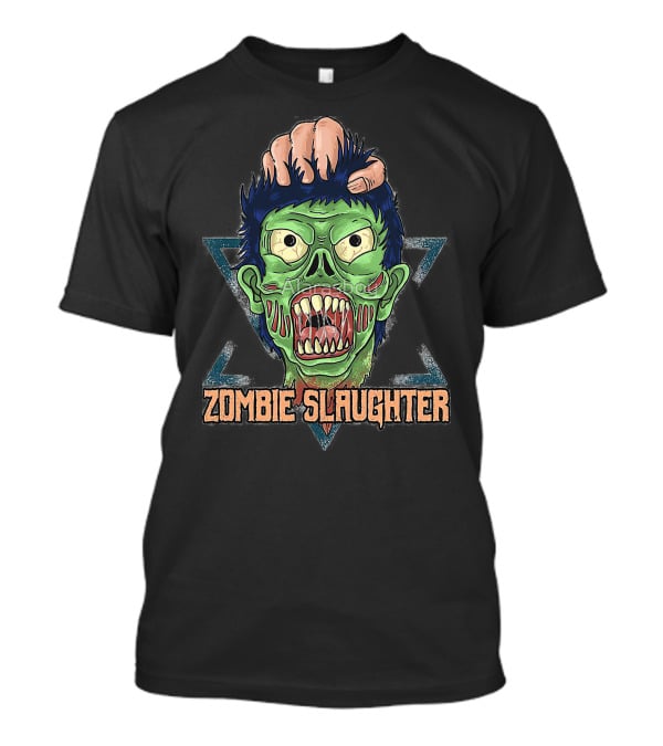 ZOMBIE SLAUGHTER Gruesome Green Undead Face In Hand Triangular Frame T-Shirt