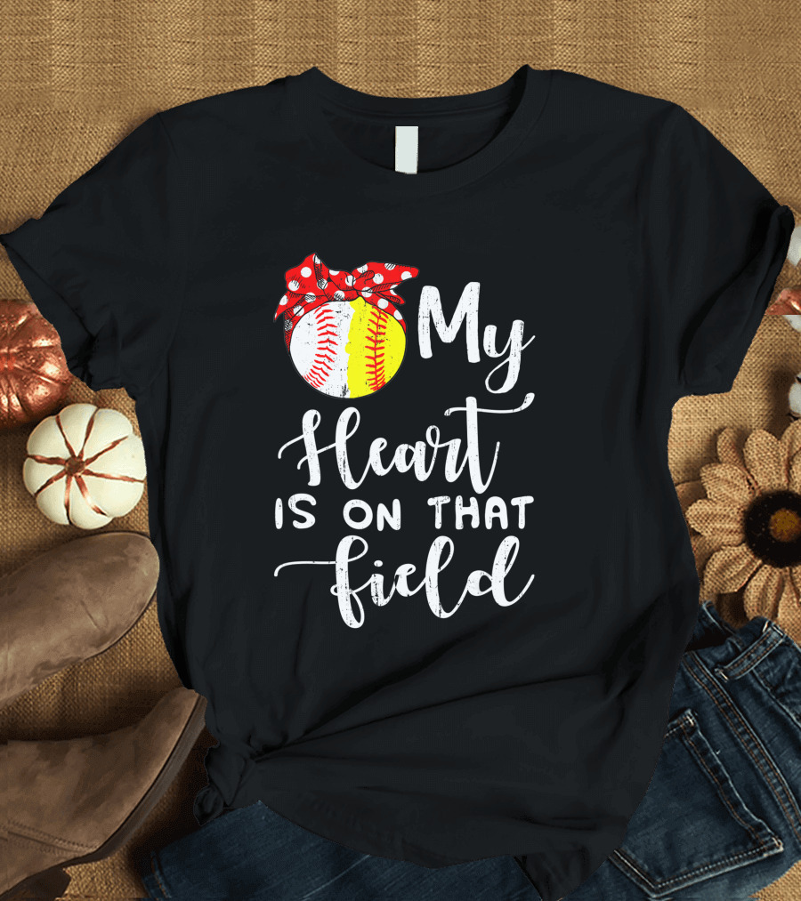 My Heart is on That Field Baseball Softball Red Polka Dot Bow T-Shirt