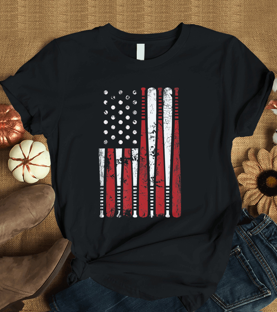Vintage American Baseball Bat USA Flag T-Shirt
