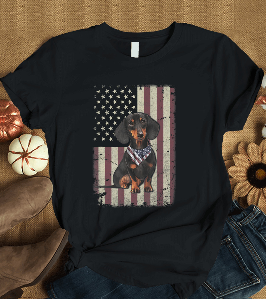 Dachshund with American Flag Bandana Celebrating 4th of July on Vintage Flag Background T-Shirt