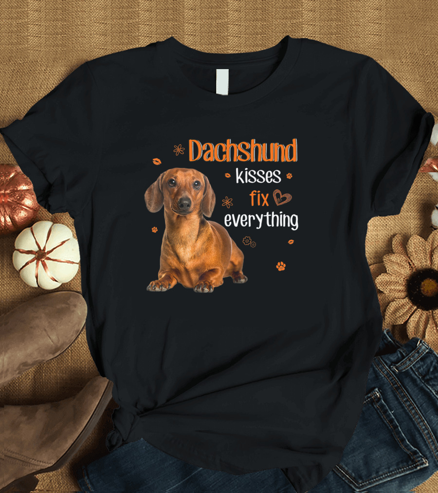 Dachshund Kisses Fix Everything Dachshund Lover Orange Paw Prints T-Shirt