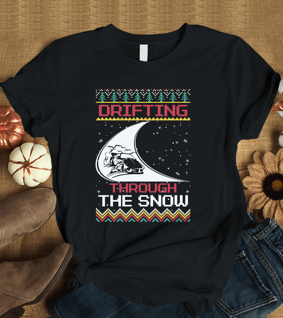Drifting Through The Snow Racing Car Christmas Trees Snowflakes T-Shirt