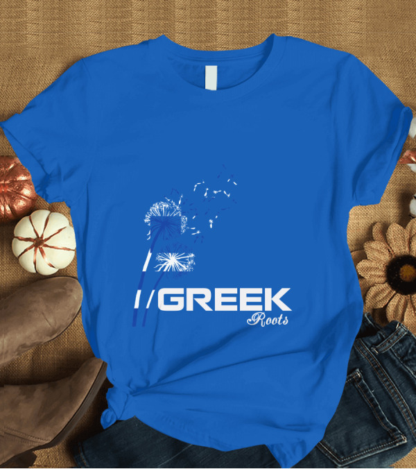 T-Shirt: GREEK ROOTS Dandelion Blossom Blue Background T-Shirt GREEK ROOTS Dandelion Blossom Blue Background T-Shirt