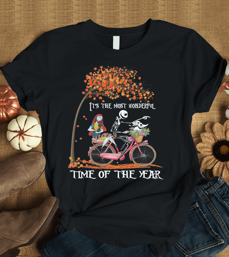 It's the Most Wonderful Time of the Year Jack and Sally Bike Autumn Leaves T-Shirt