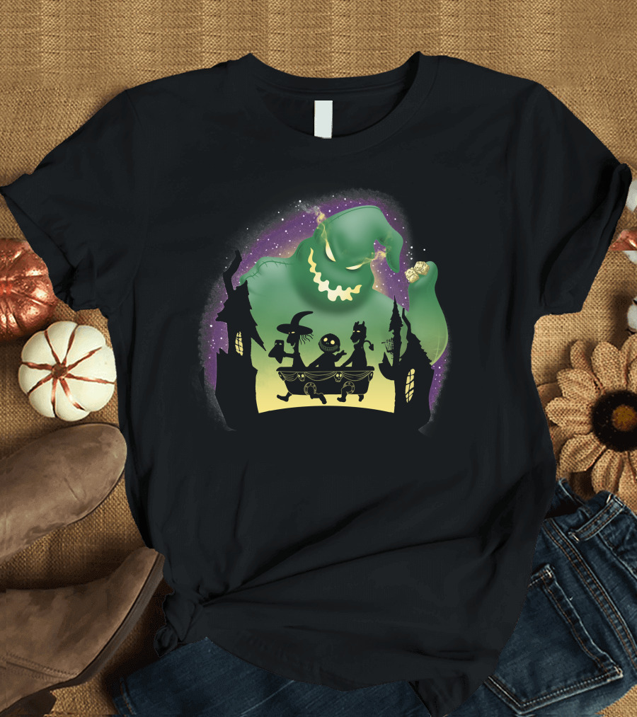 Boogie Lock Shock and Barrel Silhouette Against Green Monster and Haunted House Background T-Shirt