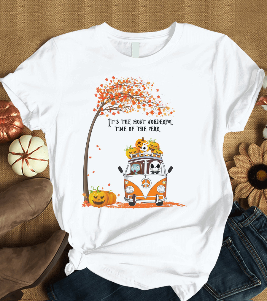 It's The Most Wonderful Time of the Year Jack Sally Zero and Pumpkin in Van with Tree and Autumn Leaves T-Shirt