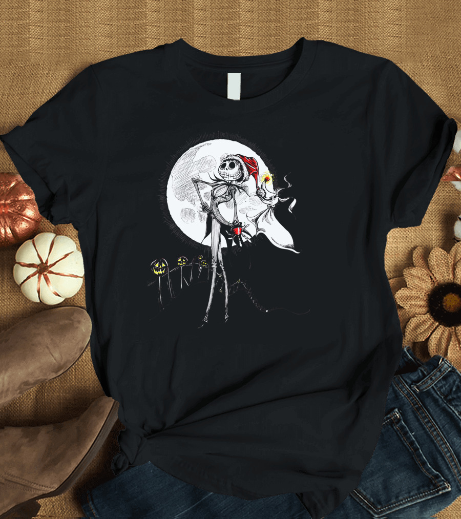 Jack Skellington Zero with Santa Hat and Full Moon Halloween Scene T-Shirt