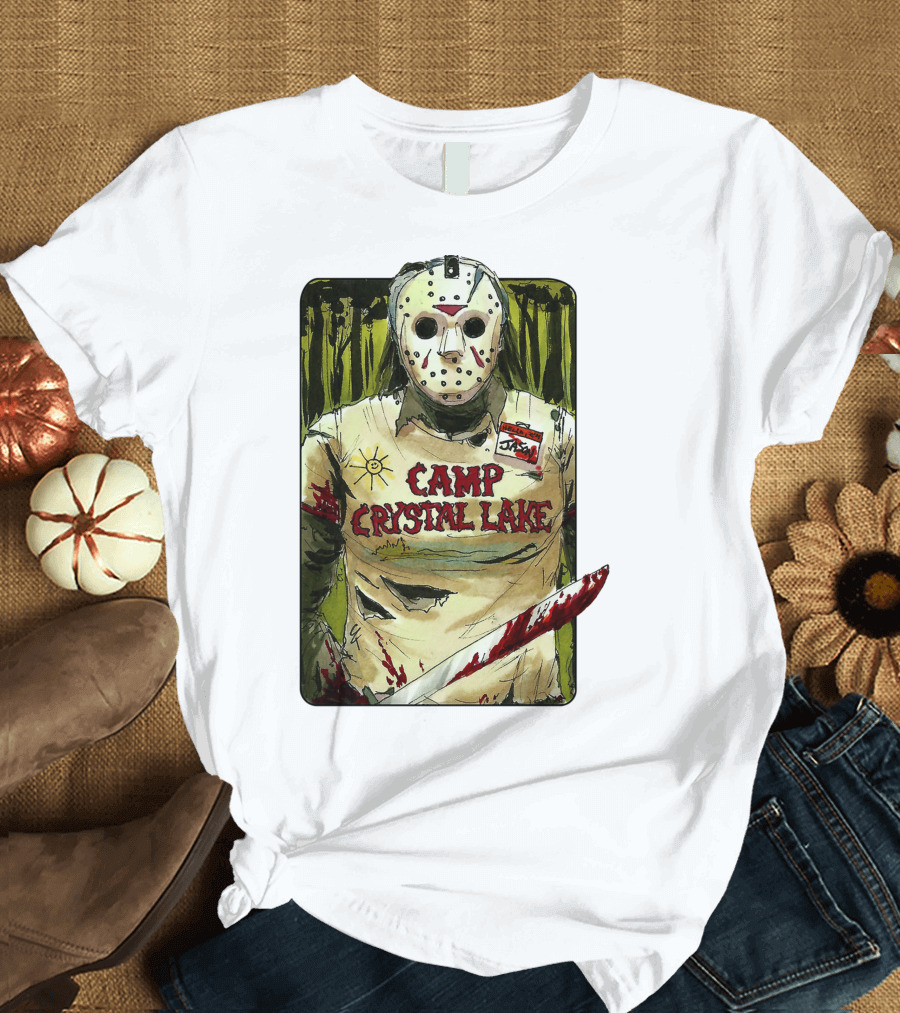 Jason Camp Crystal Lake Horror Mask Blood Stained Machete T-Shirt