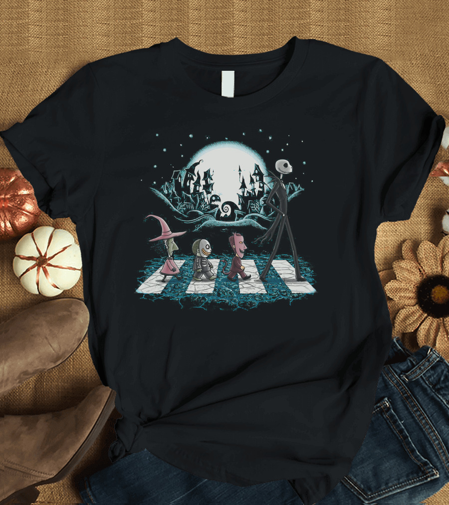 The Nightmare Before Christmas Jack Skellington Lock Shock Barrel Abbey Road Scene T-Shirt