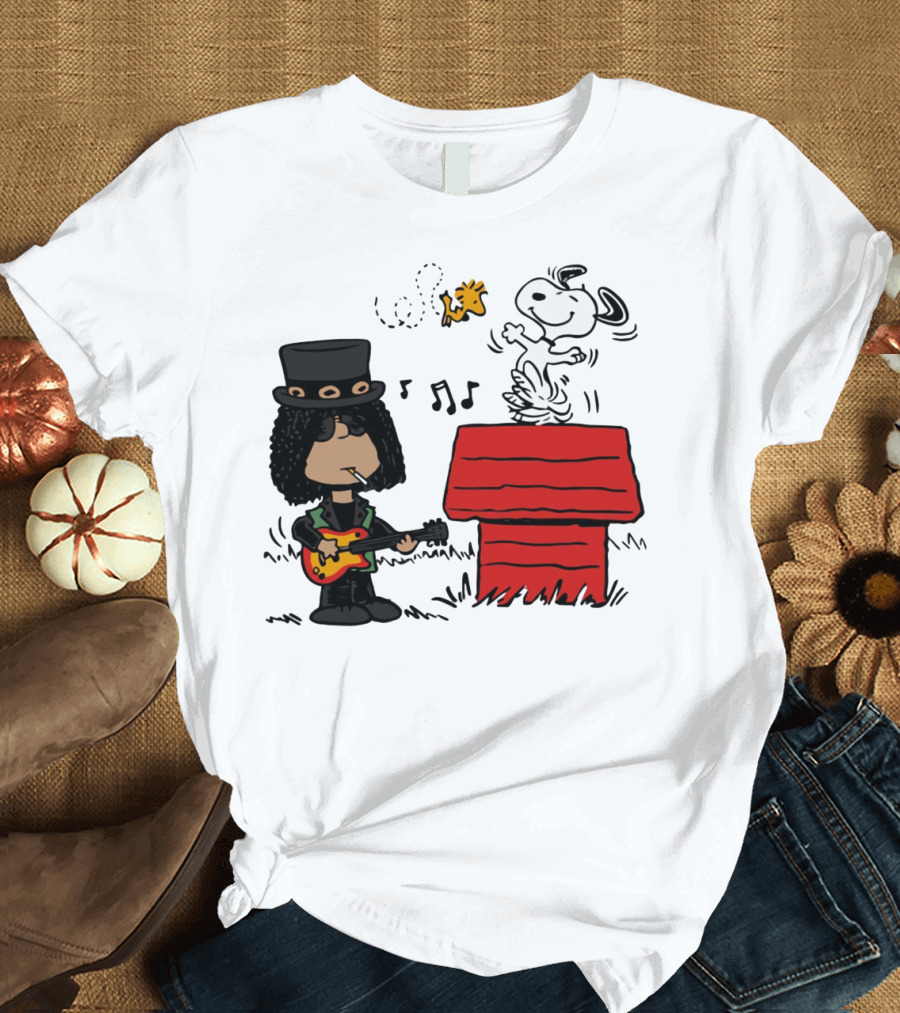 Slash Style Guitarist with Snoopy and Woodstock Playing Music T-Shirt