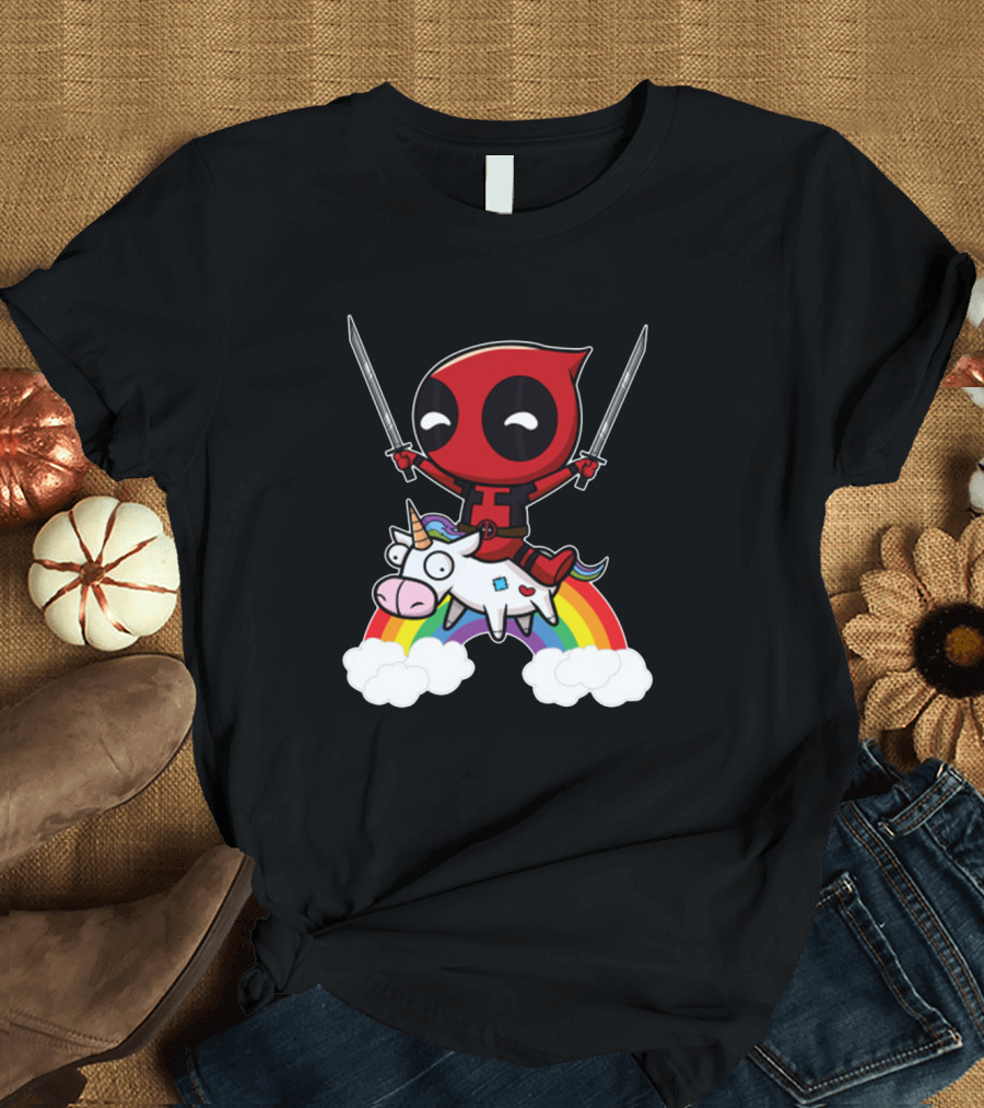 Chibi Deadpool Riding Epic Rainbow Unicorn with Dual Katanas T-Shirt
