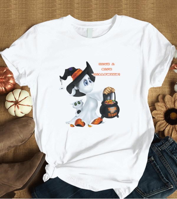 T-Shirt: Have a Safe Halloween Trick or Treat Party Ghost with a Witch Hat and Candy T-Shirt Have a Safe Halloween Trick or Treat Party Ghost with a Witch Hat and Candy T-Shirt