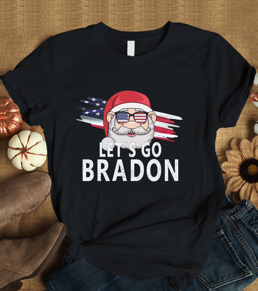 LET'S GO BRADON Christmas Santa USA Flag Glasses T-Shirt