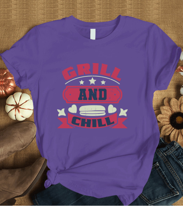 T-Shirt: GRILL AND CHILL Stars and Hearts BBQ Burger Banner T-Shirt GRILL AND CHILL Stars and Hearts BBQ Burger Banner T-Shirt