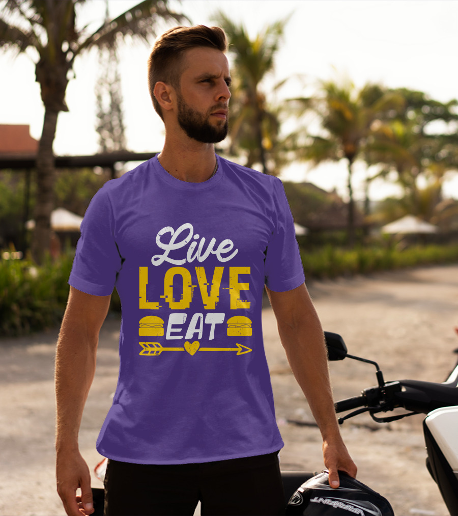 Live Love Eat With Burgers And Heart Arrow On Red T-Shirt