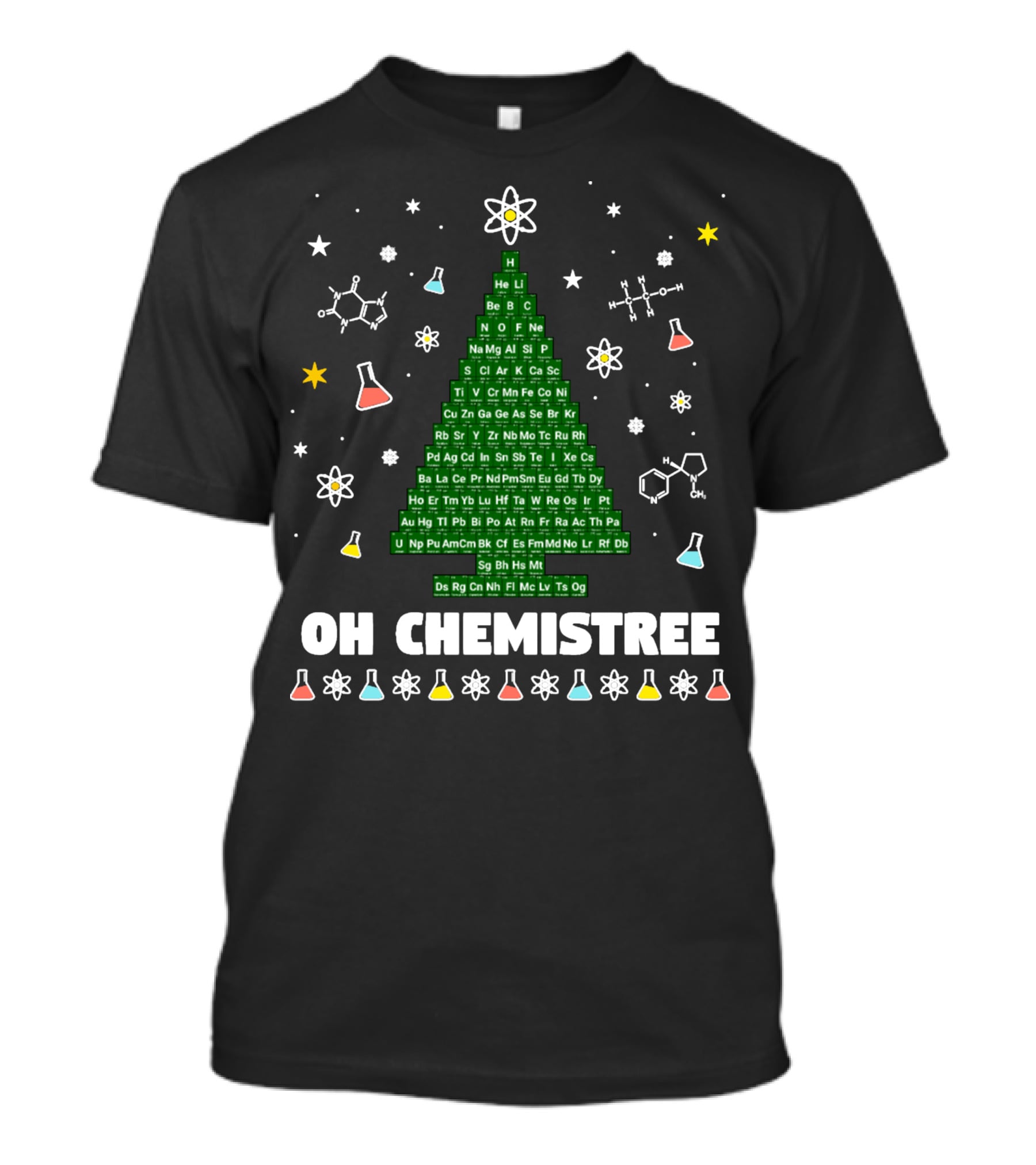 Oh Chemistree Periodic Table Christmas Tree With Beakers And Molecules T-Shirt