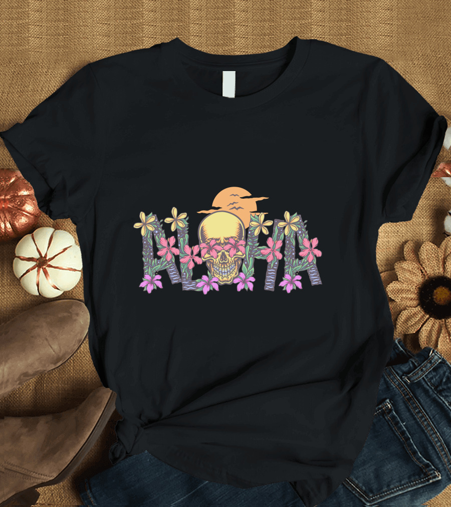 Aloha Skull Hawaii Floral Sunset T-Shirt