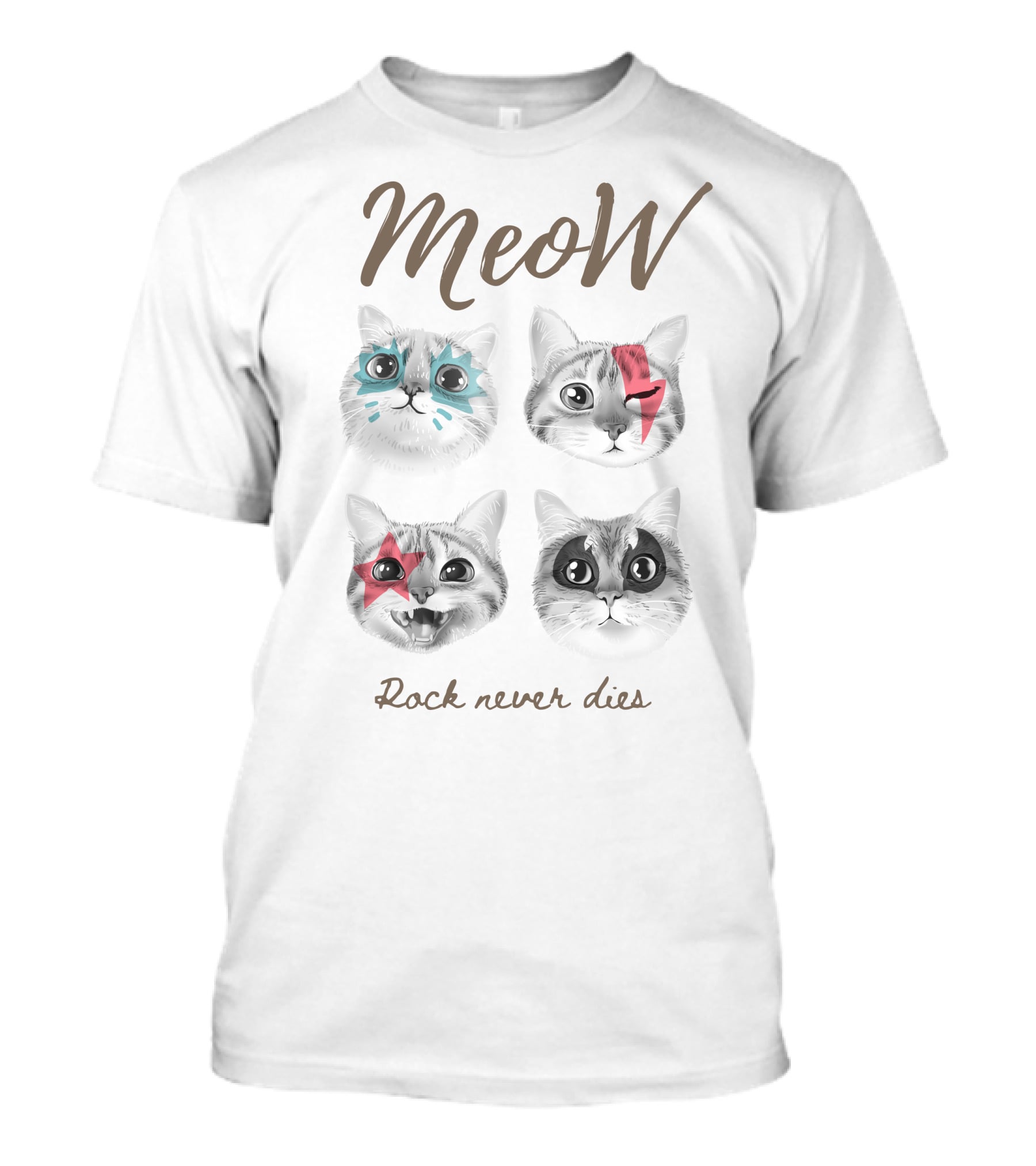 Meow Rock Never Dies With Cute Cats Face T-Shirt